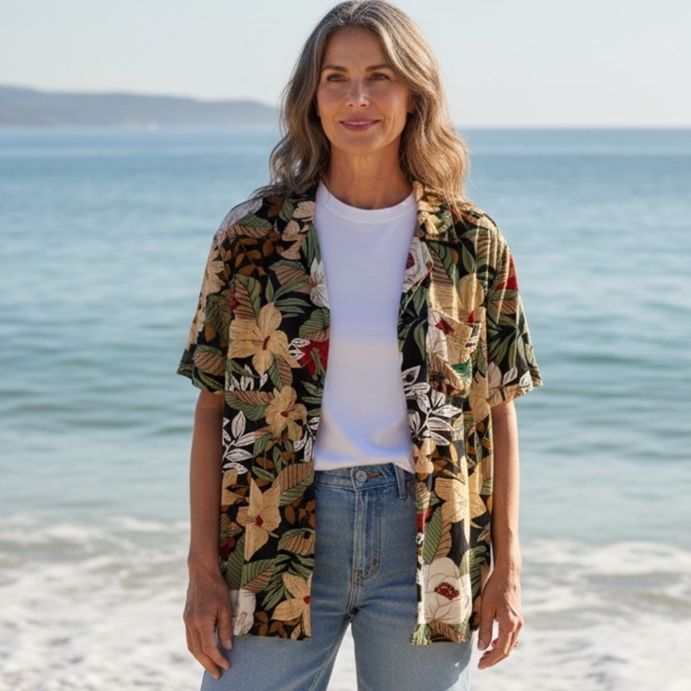 Cathy Daniels Floral Camp Shirt in Black, Green, Cream & Red